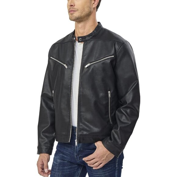 Men Black Faux Leather Biker Jacket Slim Fit Motorcycle Bomber Zip Up Coat - Picture 4 of 7